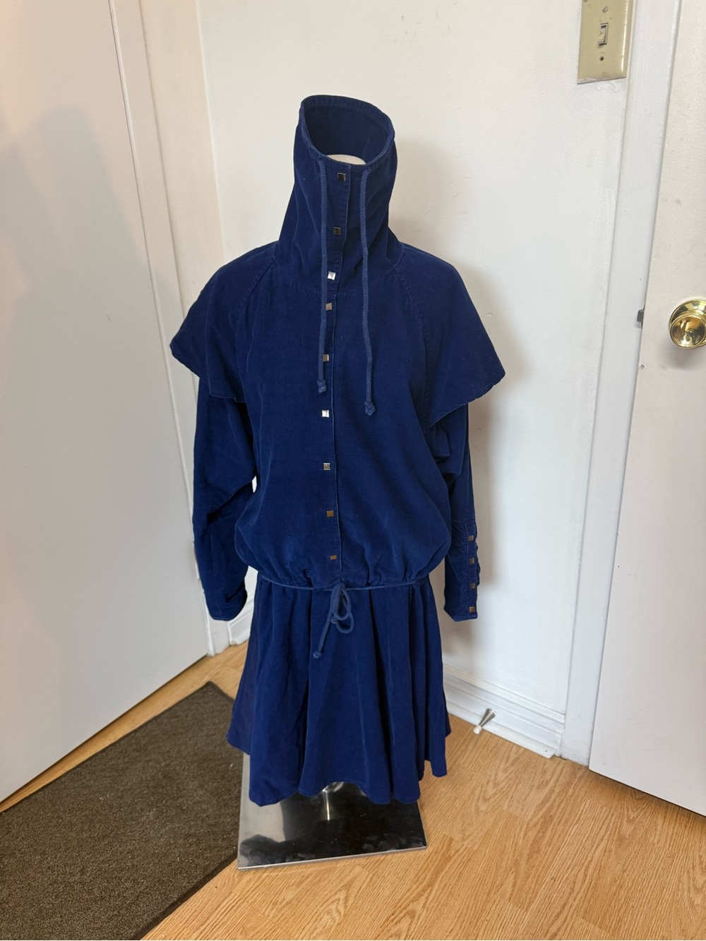 Women's Corduroy Navy High-Neck Drawstring Utility Jacket
